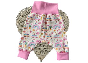 Handmade Babyhose Pumphose Design Summer Paradise ecru, Bündchen pink